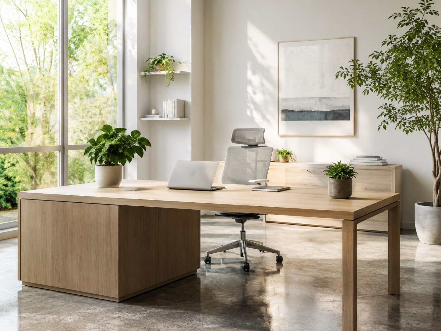 Bright, immaculately clean modern office workspace